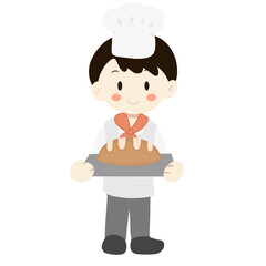 Cartoon of a baker chef holding a tray of bread.