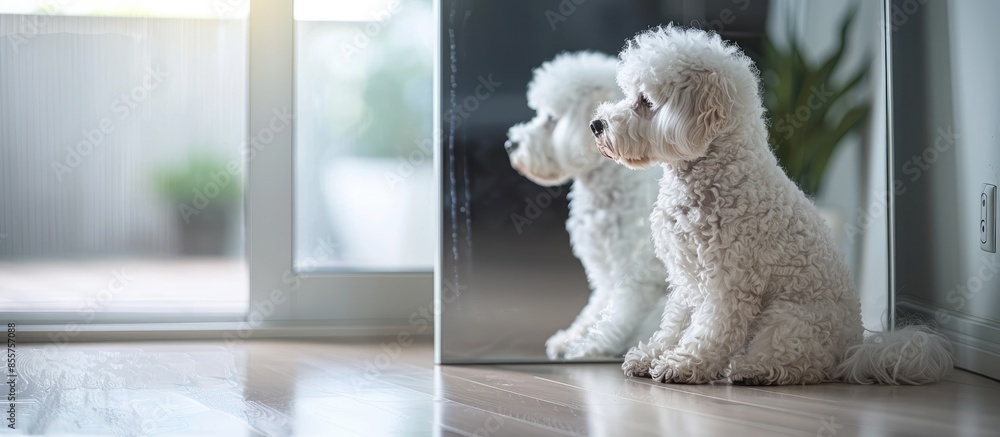 Poster white curly haired pet dog is sitting on a floor before a mirror-glass. with copy space image. Place for adding text or design