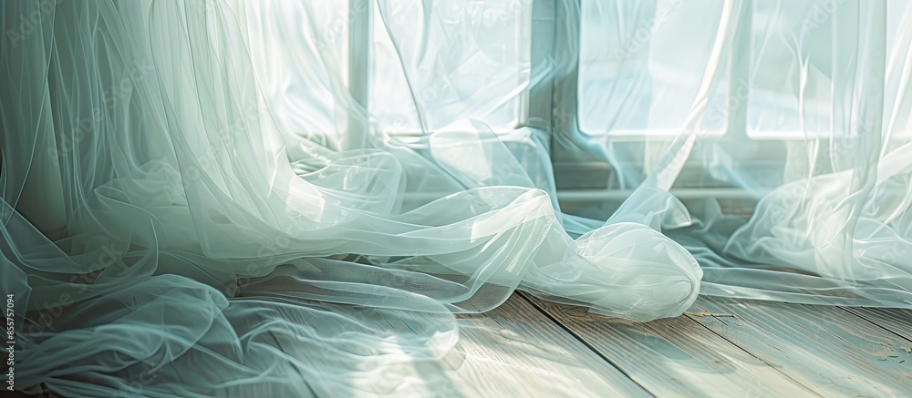 Poster Transparent white tulle on the window. with copy space image. Place for adding text or design