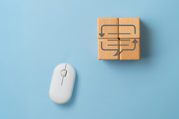 For online translator,  foreign languages concept,  translation speech bubble icon on wooden cube...