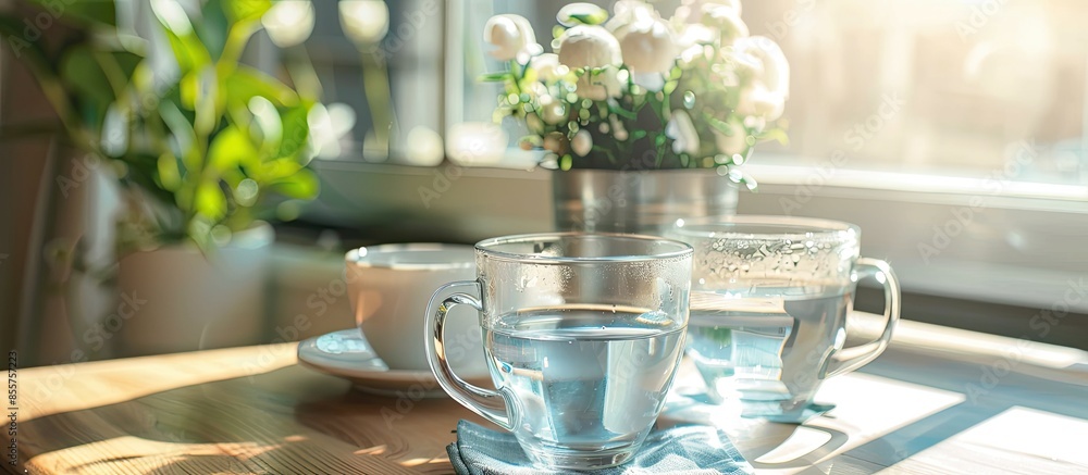 Poster cups and glasses in hotel room. with copy space image. place for adding text or design