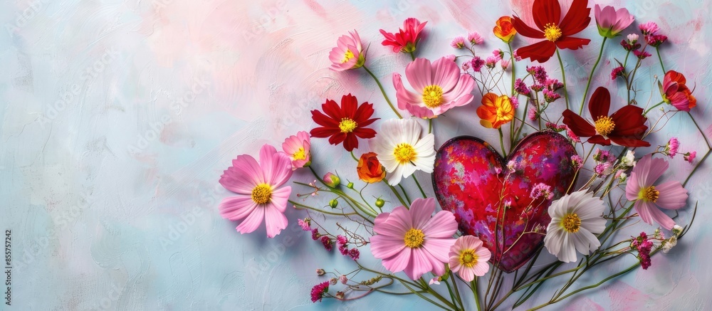 Poster bouquet colorful cosmos flowers and heart . holiday card. pastel background. with copy space image. 