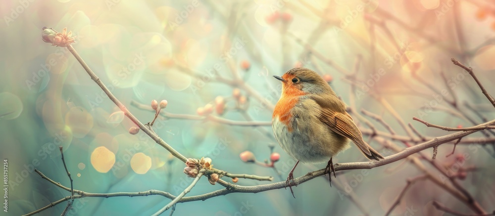 Poster curruca carrasqueggj?g,v+-a (sylvia cantillans), posada en una rama pastel background. with copy spa