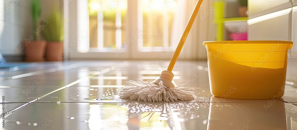 Aufkleber tiles floor washing with mop in the kitchen. regular clean up. maid cleans house. with copy space im