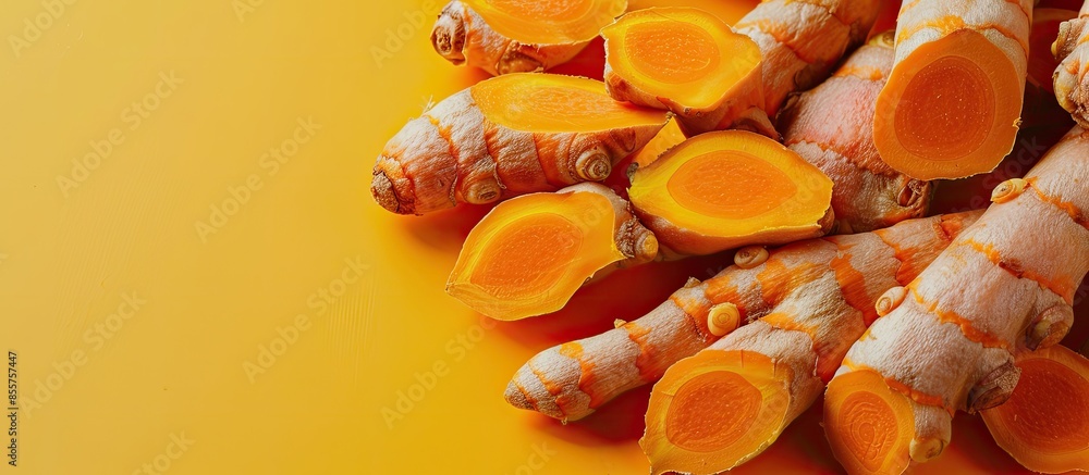 Poster closeup turmeric roots slices on pastel background food. with copy space image. place for adding tex