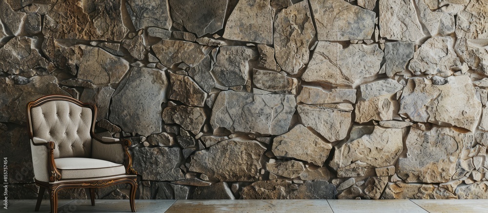 Poster soft vintage chair placed in hall in modern flat on background of stone wall. with copy space image.