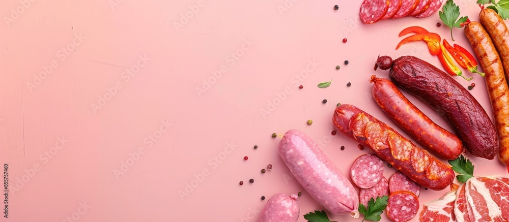 Leinwandbilder different sausages and smoked meats isolated on pastel background . with copy space image. place for