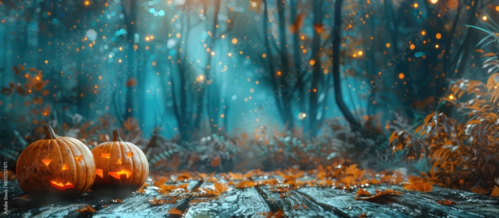 Poster halloween pumpkins on wood in a spooky forest at night. copy space image. place for adding text or d
