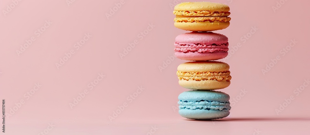 Poster french colorful macarons isolated on pastel background. with copy space image. place for adding text