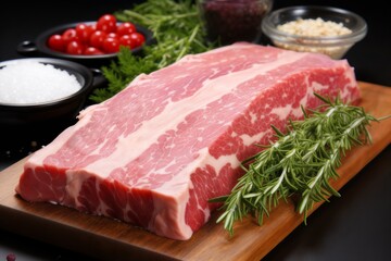 Fototapeta premium raw meat and vegetables and herbs on a wooden board, delicious food