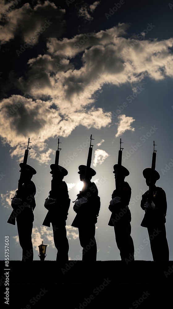 Poster Dramatic silhouette of a military honor guard at rest.