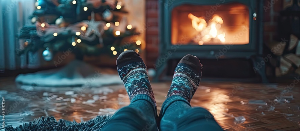 Aufkleber girl legs in socks near the fireplace with a little christmas tree. winter holiday concept. cozy rel