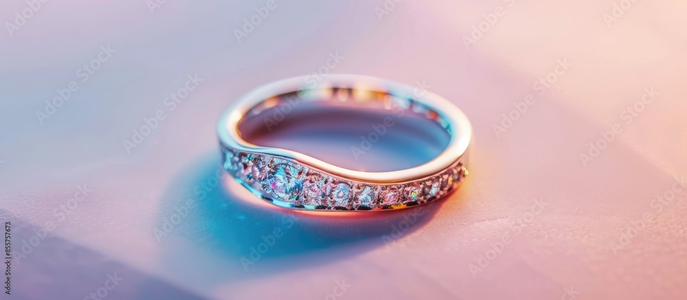 Poster Casual style white gold ring with diamonds Isolated on pastel background. Silver wedding ring band with gemstones. with copy space image. Place for adding text or design