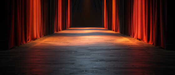 Fototapeta premium A long red curtain with a black curtain in the middle