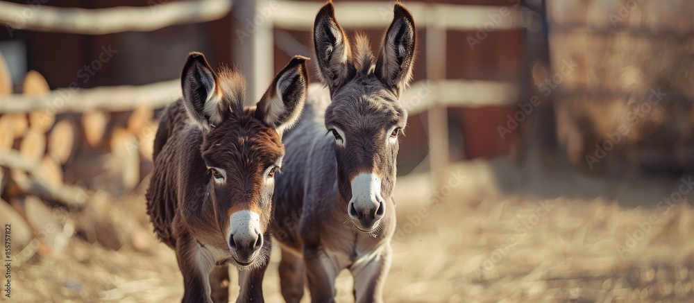 Aufkleber Two donkeys on farm. Little donkey. Animals in the yard in paddock. Livestock. Animal breeding. Front view. Soft focus. Copy space image. Place for adding text or design
