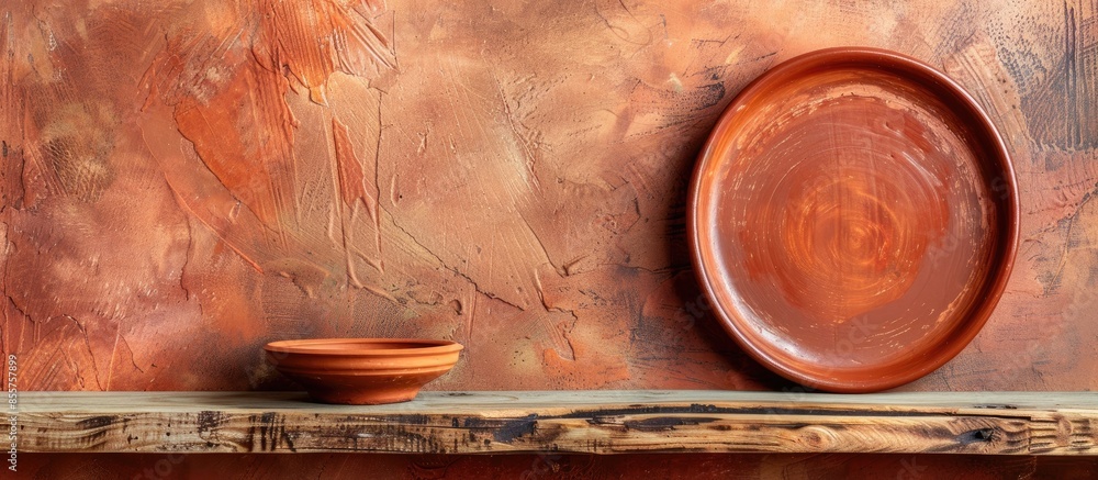 Poster a clay plate is on a wooden shelf. with copy space image. Place for adding text or design