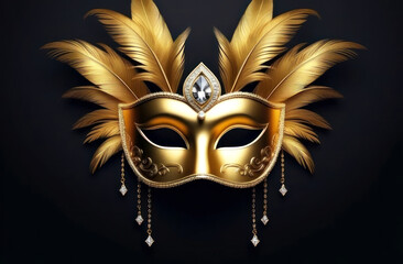 A captivating golden masquerade mask adorned with feathers and jewels