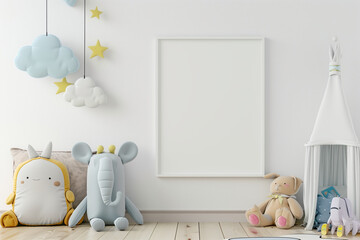 mock up frame, do not cover frame area, design a shelf in a bohemian style baby's nursery. On the shelf are some wooden pastel coloured blocks and some kids books in bright colours.