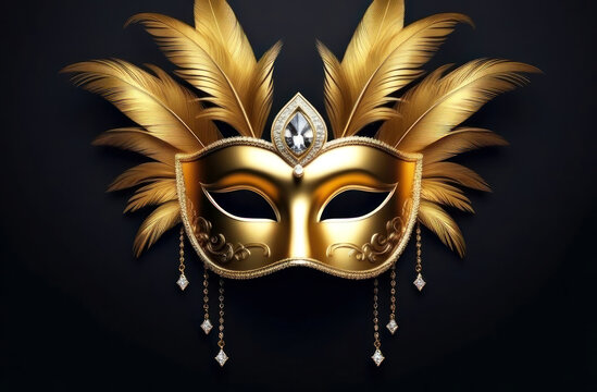 A captivating golden masquerade mask adorned with feathers and jewels