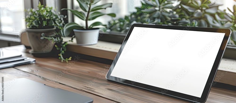 Poster Tablet blank white screen of placed on table office . Mock up. with copy space image. Place for adding text or design