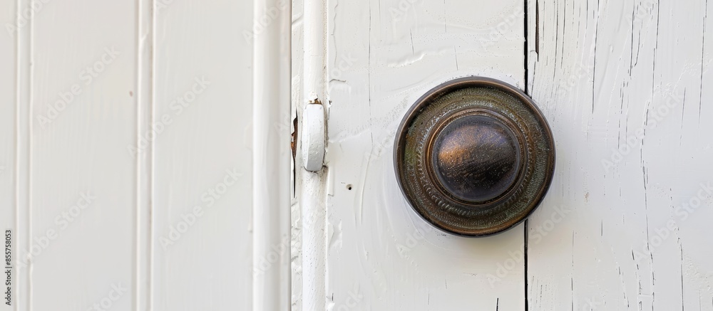 Poster Detail of a metallic knob on white door horizontal. with copy space image. Place for adding text or design
