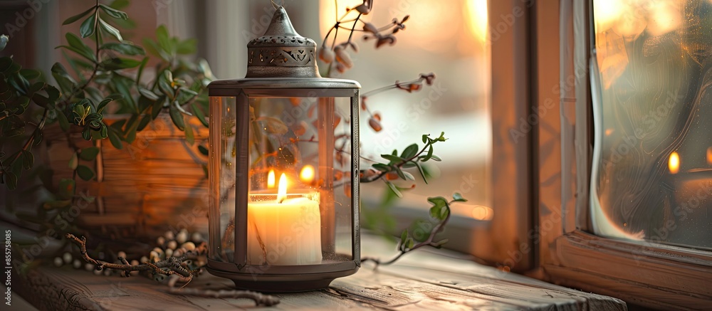 Poster home decoration rustic vintage candle, metal and glass on a table . with copy space image. place for