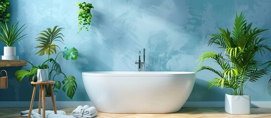Stylish bathroom interior with modern tub and beautiful houseplants. Home design. with copy space image. Place for adding text or design