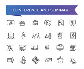 Conference and seminar Icon set with editable stroke collection for web and ui. Line icons pack. Vector illustration.