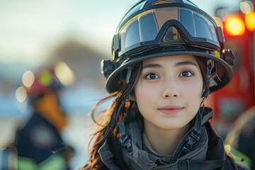 Close-up of female firefighter in uniform with helmet