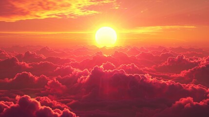 Red Evening Sky with Sun and Clouds