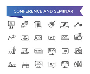 Conference and seminar Icon set with editable stroke collection for web and ui. Line icons pack. Vector illustration.