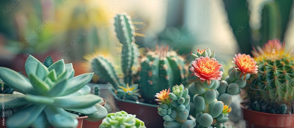Poster miniature home flowers succulents and cactus in the greenhouse nature background close up. with copy