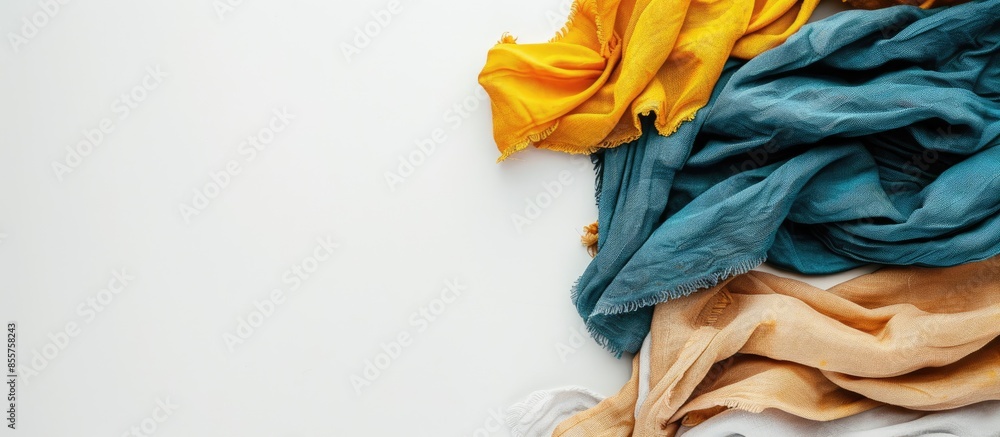 Poster fabric composition clothes label on white background. copy space image. place for adding text or des