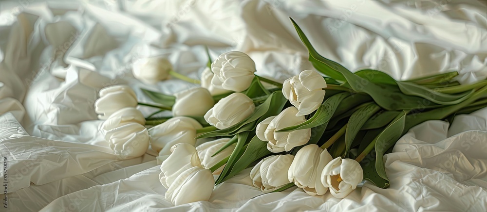 Poster a bouquet of white tulips lies on a white bed. a bouquet of tulips is packed in craft paper and lies