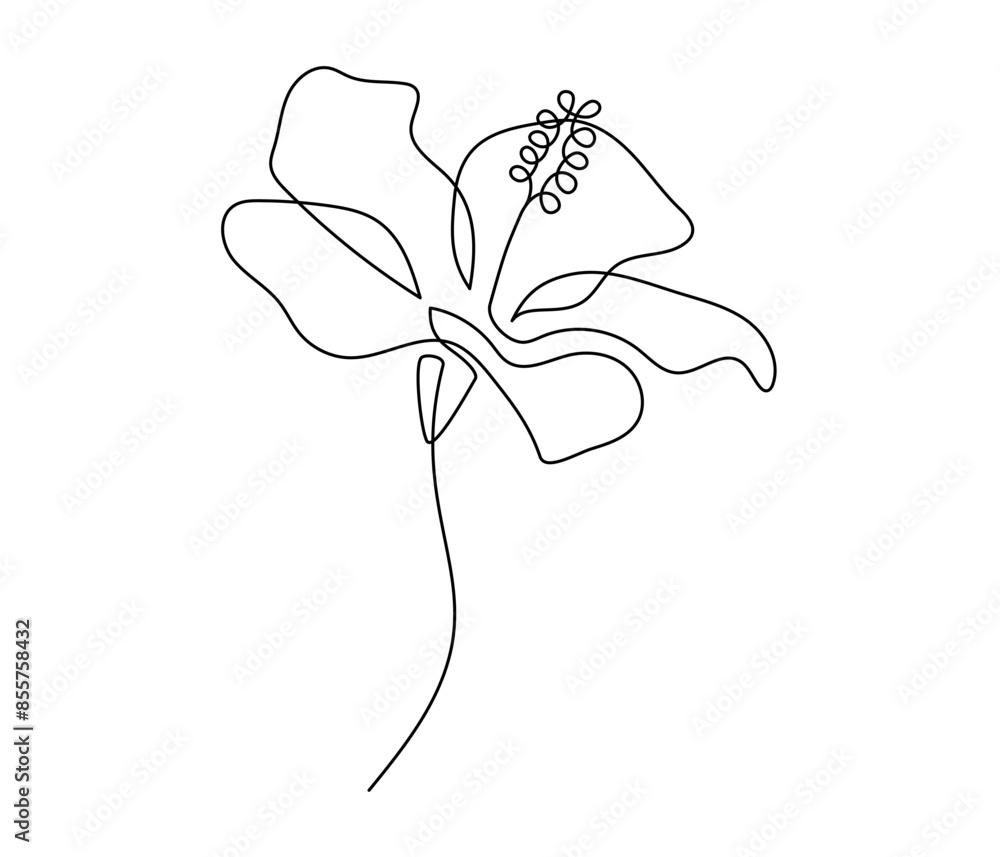 Poster hibiscus flower in one continuous line drawing. floral abstract symbol in simple linear style. organ