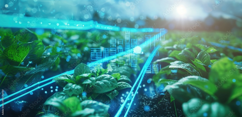 Poster high-tech agricultural solutions in a vibrant field background. innovative idea of integrating techn