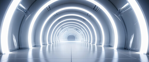  White background 3D room light abstract space technology tunnel stage floor. Empty white future 3D neon background studio futuristic corridor render modern interior silver road black wall design gray