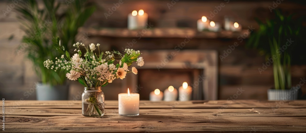 Poster wooden table of free space for your decoration and fireplace in home interior . with copy space imag