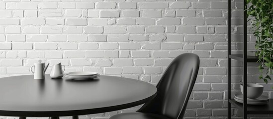 Black kitchen table, chair and plate in the white brick wall, modern living room background, working table, bookshelf concept, home living room interior style. with copy space image