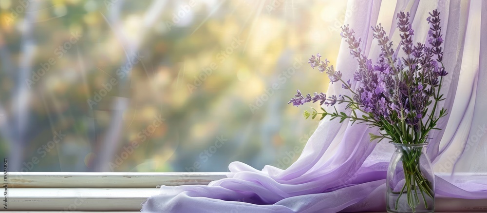 Aufkleber lavender on the fabric on the window sill pastel background. with copy space image. place for adding