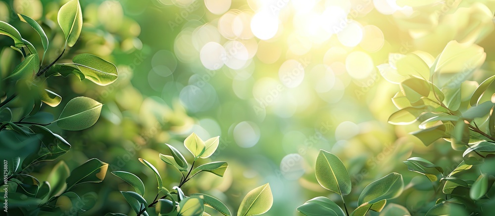 Leinwandbilder Green leaves blur and blurred light bokeh. Abstract background and beautiful backdrop. Copy space image. Place for adding text or design