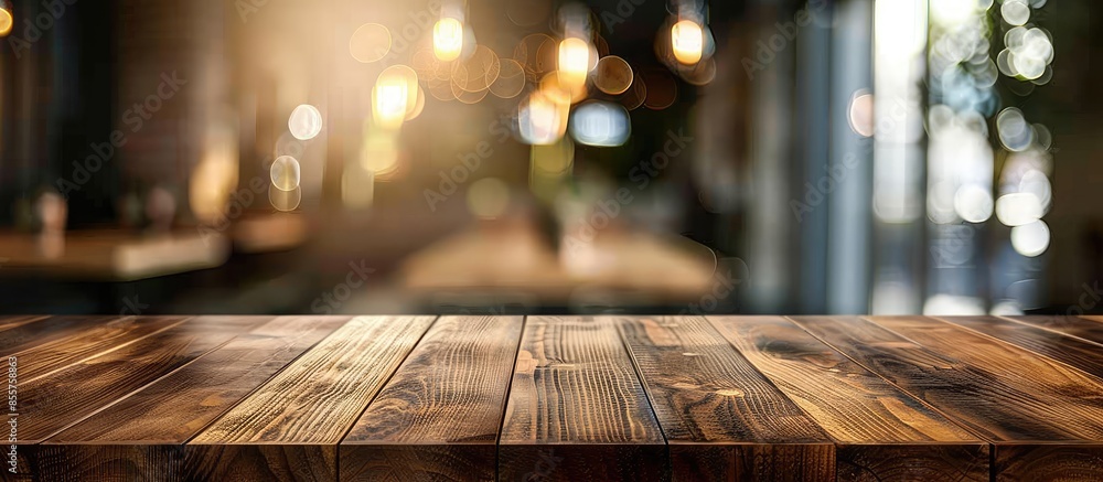 Poster wood table top with blurred light and dark brown color wooden tile design for background - can be us