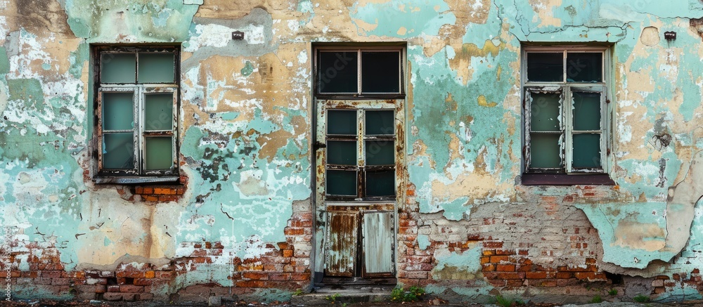 Poster elements of a ruined building close up. doors and windows. with copy space image. place for adding t