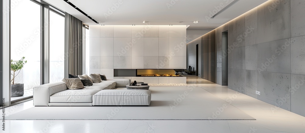 Aufkleber Contemporary interior of spacious living room with comfortable sofa and fireplace in flat designed in minimal style. with copy space image. Place for adding text or design