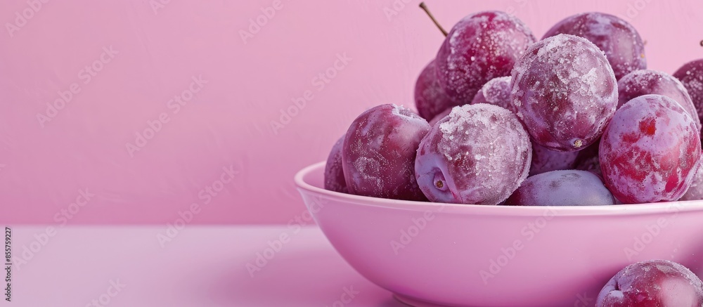 Poster prunes in dish pastel background food isolated nature. with copy space image. place for adding text 