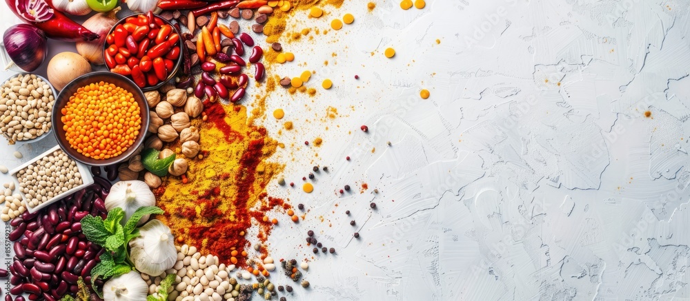 Poster raw legume and vegetable assortment. copy space image. place for adding text or design