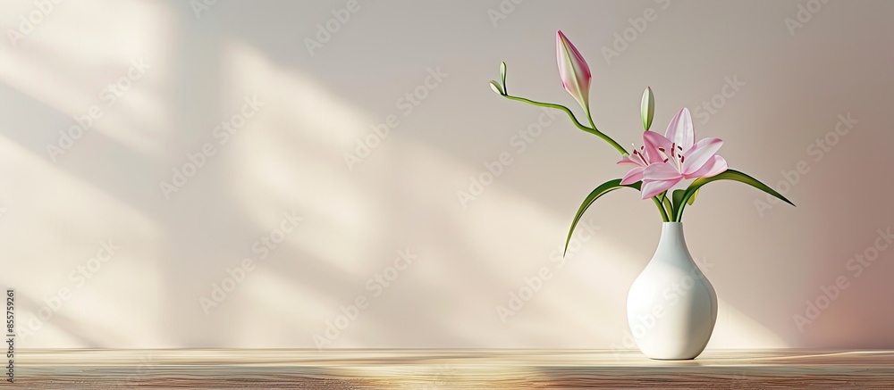 Poster  vase with a flower on the table in the interior                              . with copy space image. Place for adding text or design