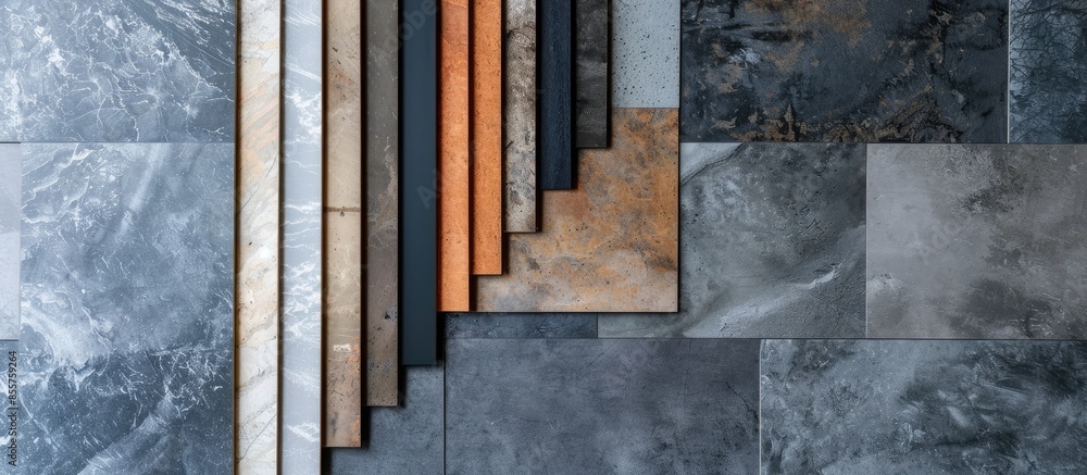 Poster example of a catalog of luxury vinyl floor tiles and a designer palette with textures with a new int