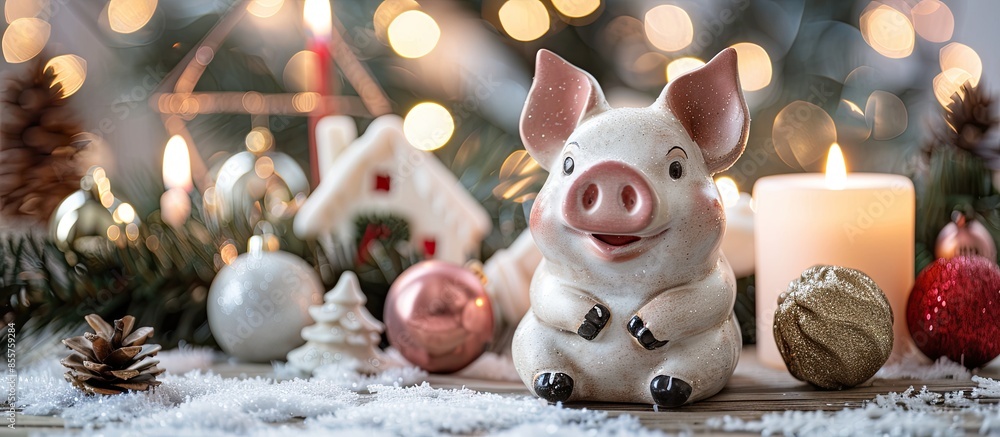 Aufkleber pig figurine and a candlestick in the form of a white house on the background of christmas decoratio