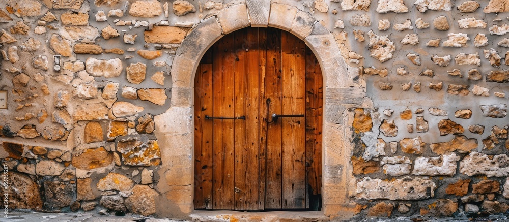 Poster Old wooden door in stone building. with copy space image. Place for adding text or design
